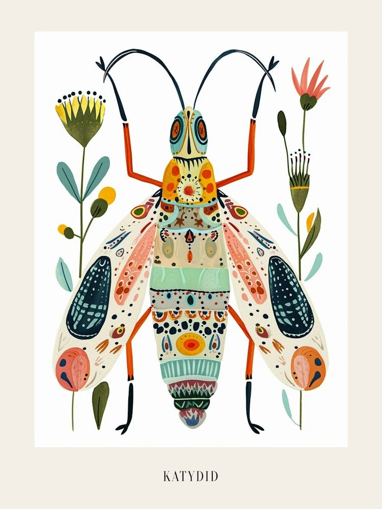 Colourful Insect Illustration Katydid 8 Poster