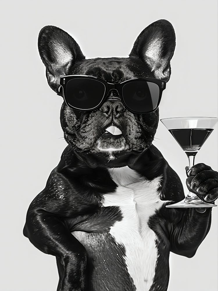 French Bulldog Holding A Cocktail Wall Art, Black And White Print, Frenchie Gift, Martini Alcohol Print, Funny Dog Poster, Bar Cart Decor