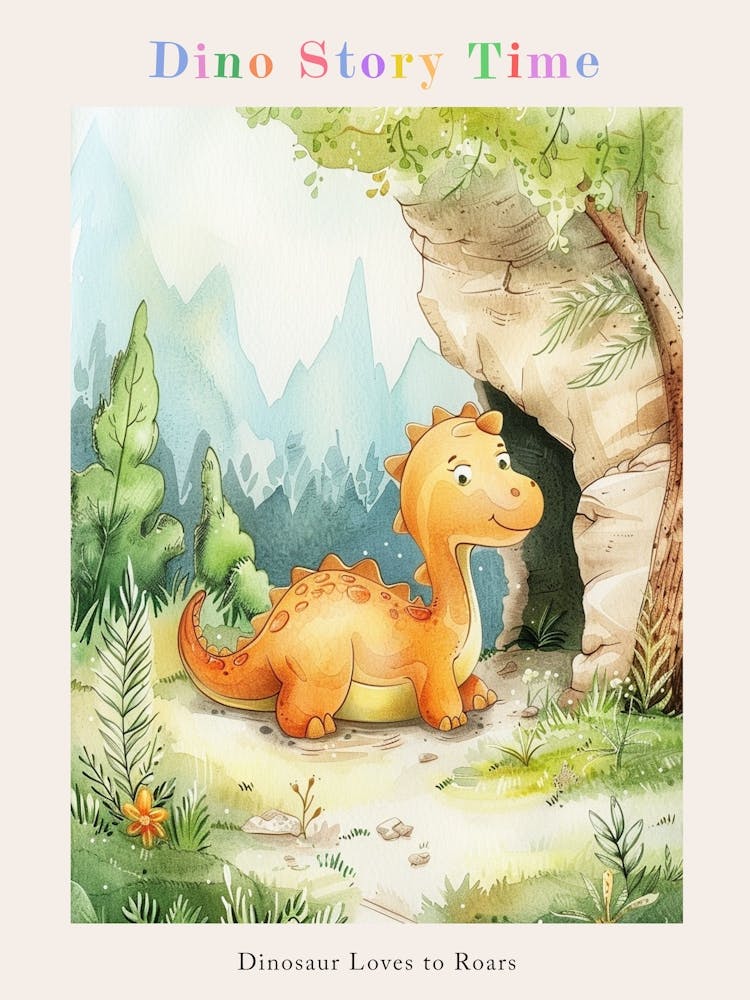 Cute Dinosaur Finds A Cave Storybook Illustration Poster