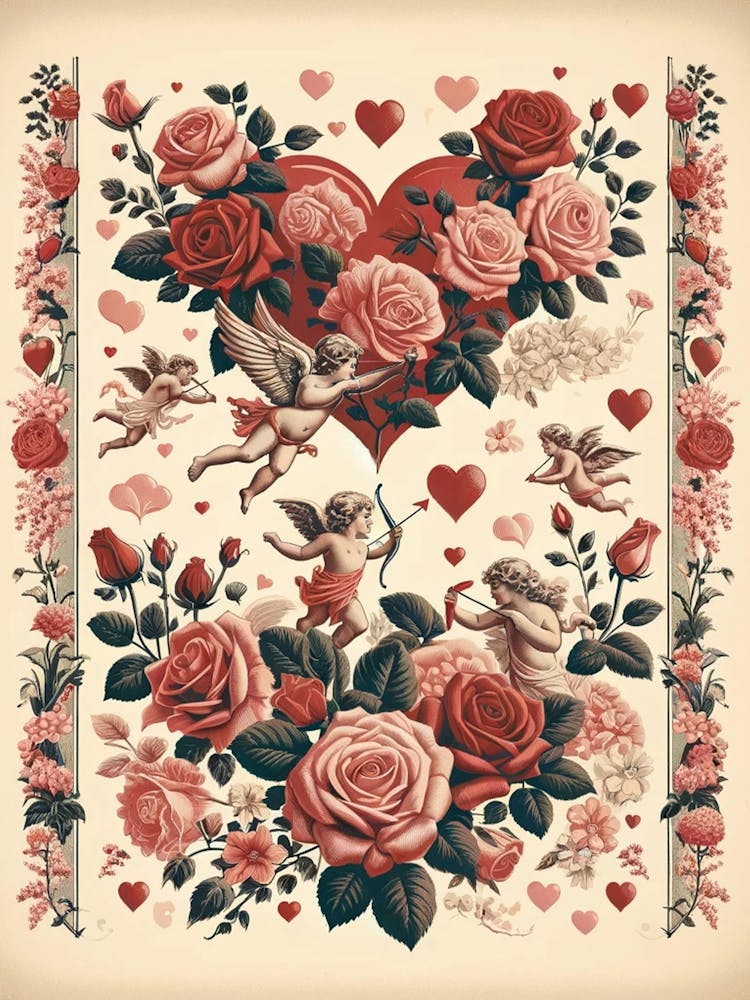 Cupid, flowers and hearts