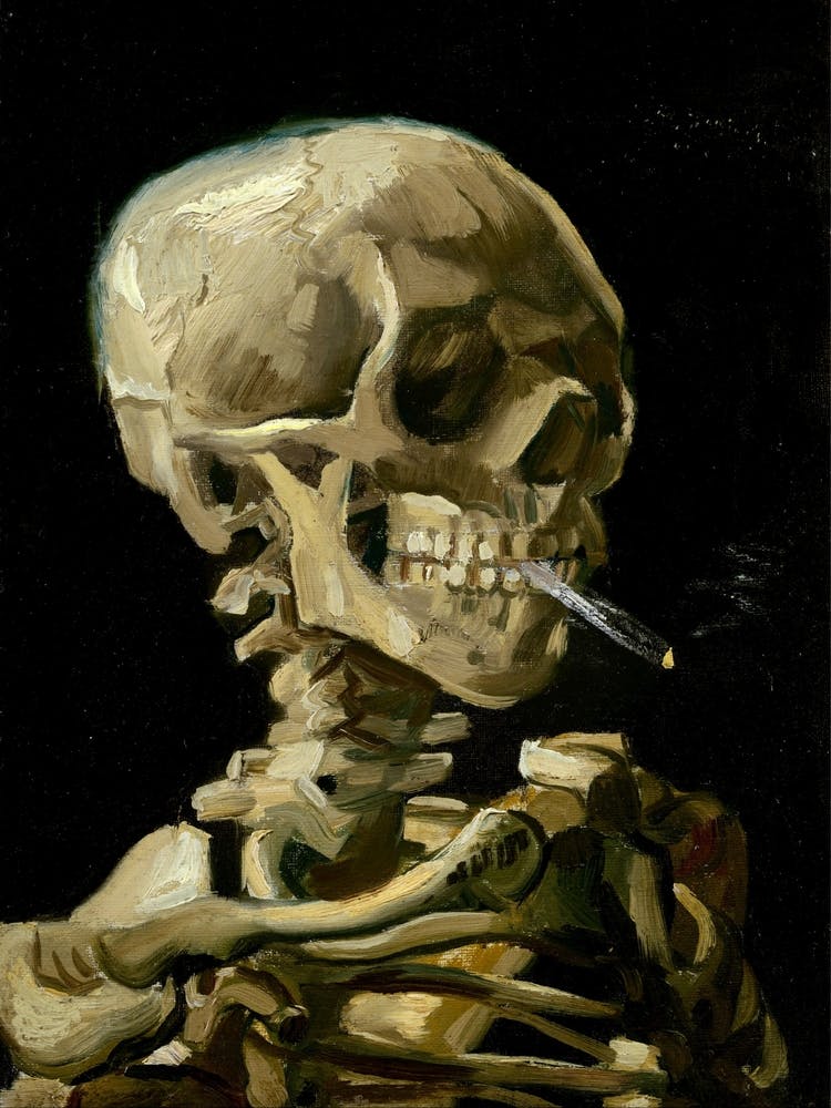 Skull of a Skeleton with Burning Cigarette - Vincent Van Gogh circa 1880 Vintage Horror Satirical Death Cool Spooky Famous Smoking