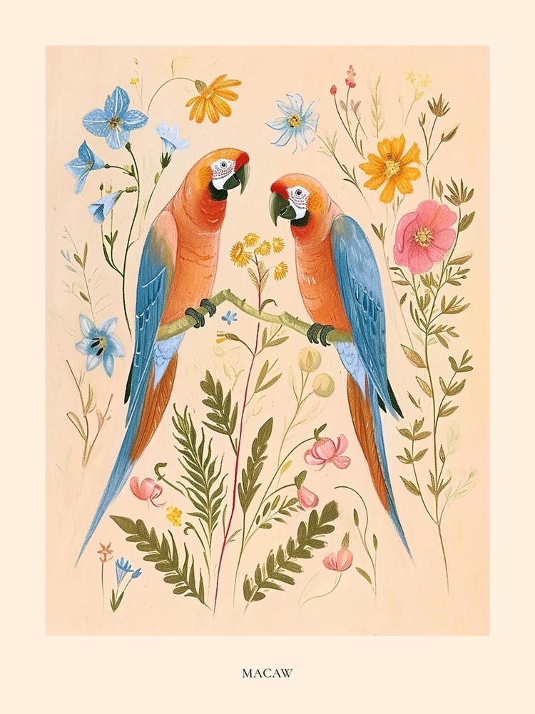 Folksy Floral Animal Drawing Macaw 2 Poster