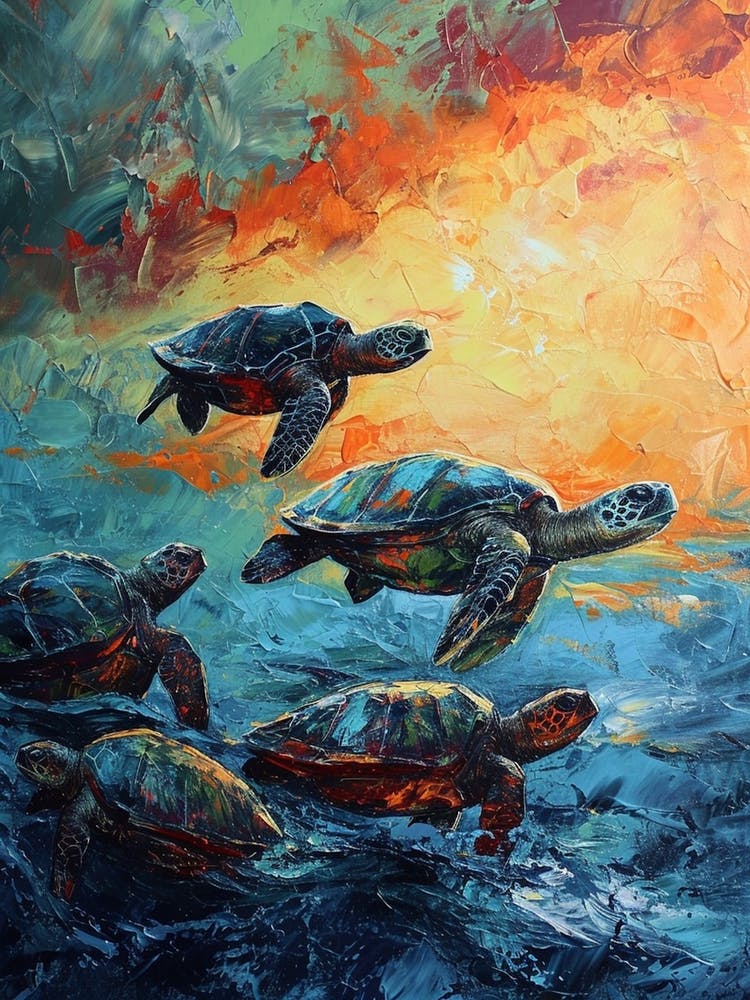 Expressionism Style Painting Of Sea Turtles In The Waves 3