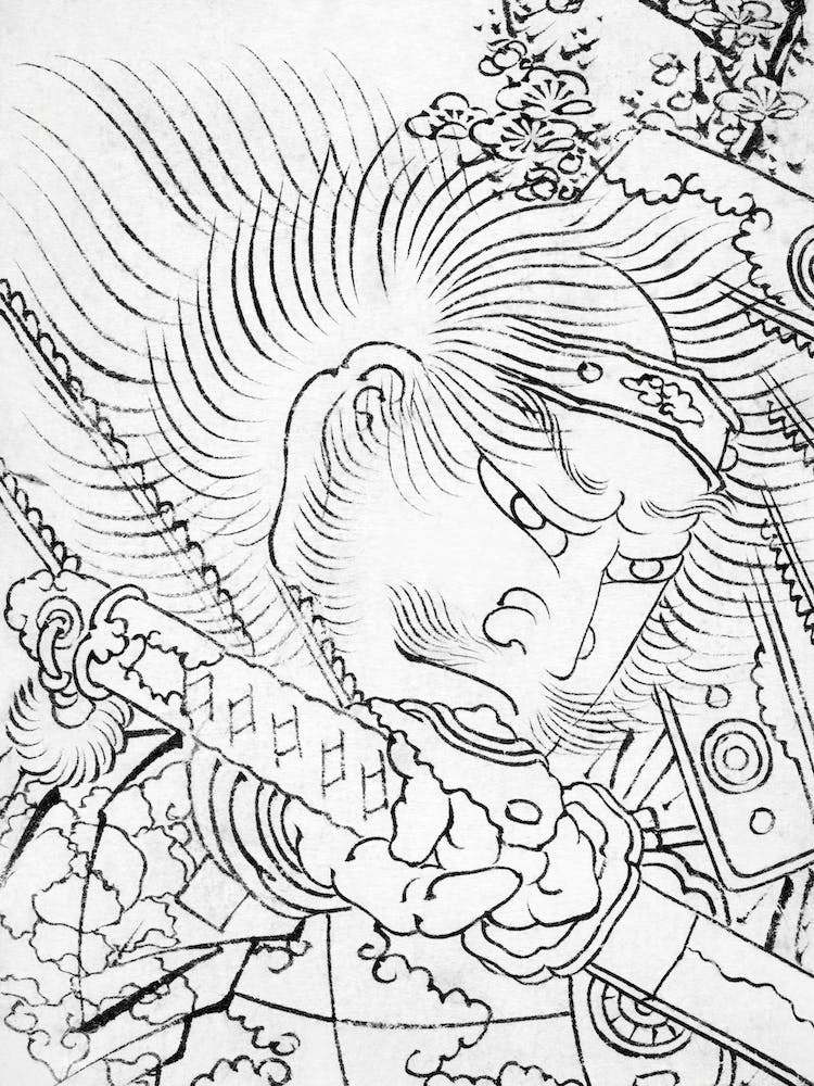 Kopf eines Samurai unter Kirschblüte, Katsushika Hokusai 1