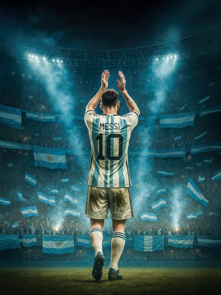 Lionel Messi Poster – Argentina’s Football Superstar: Messi under the stadium lights – a celebration of world cup triumphs, Argentina pride, and legendary finesse. With echoes of Maradona and a global fanbase, this poster honors the ultimate football supe