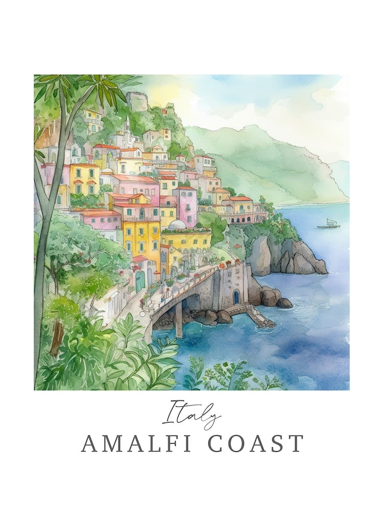 Italy	Amalfi Coast Storybook 2 Travel Poster Watercolour