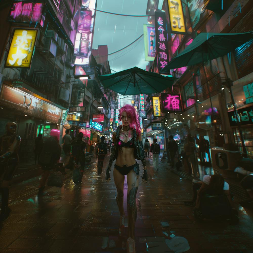 Mädchen in einer Cyberpunk-Stadt
