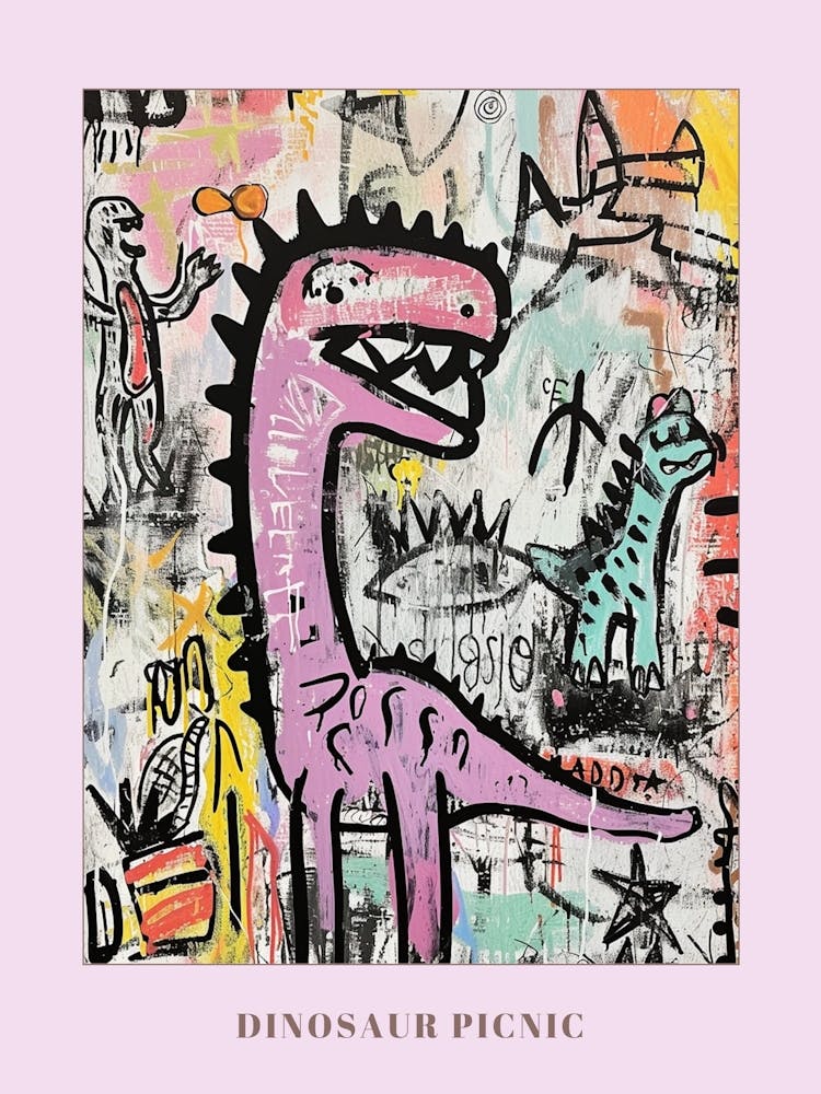 Abstract Pink Blue Graffiti Style Dinosaur Picnic 2 Poster