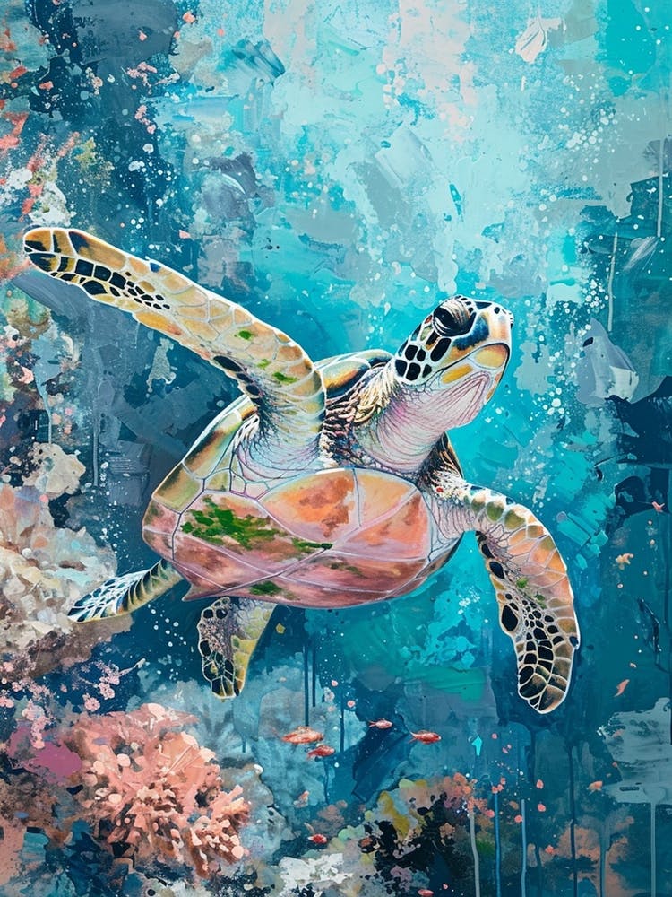 Paint Splash Pastel Sea Turtle With The Coral