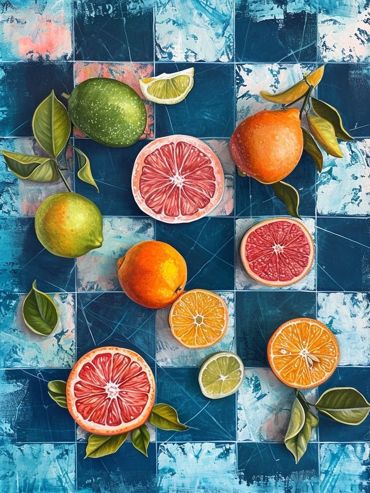 Citrus Fruit Blue Checkerboard 1