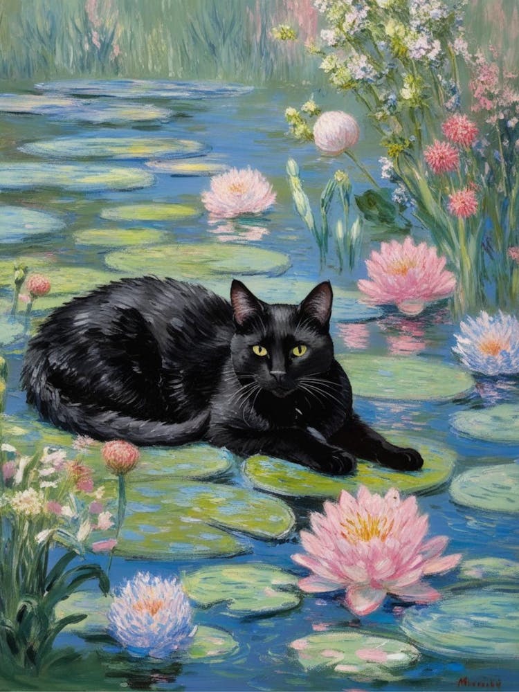 Black Cat In Water Lily Pond Monet Style
