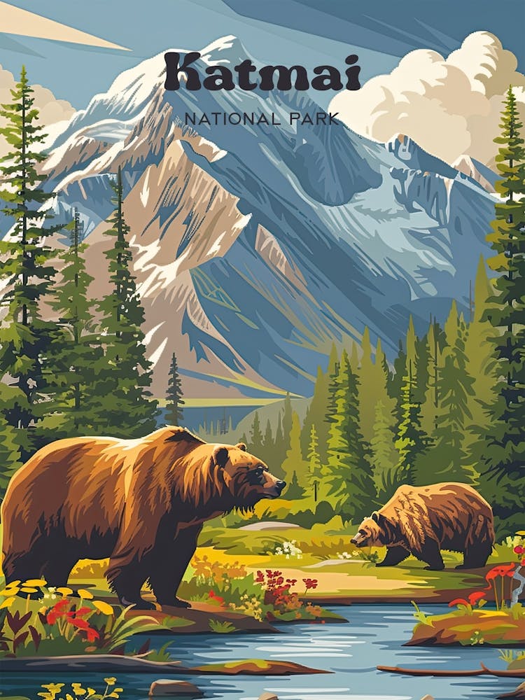 Katmai National Park Vintage Reiseillustration