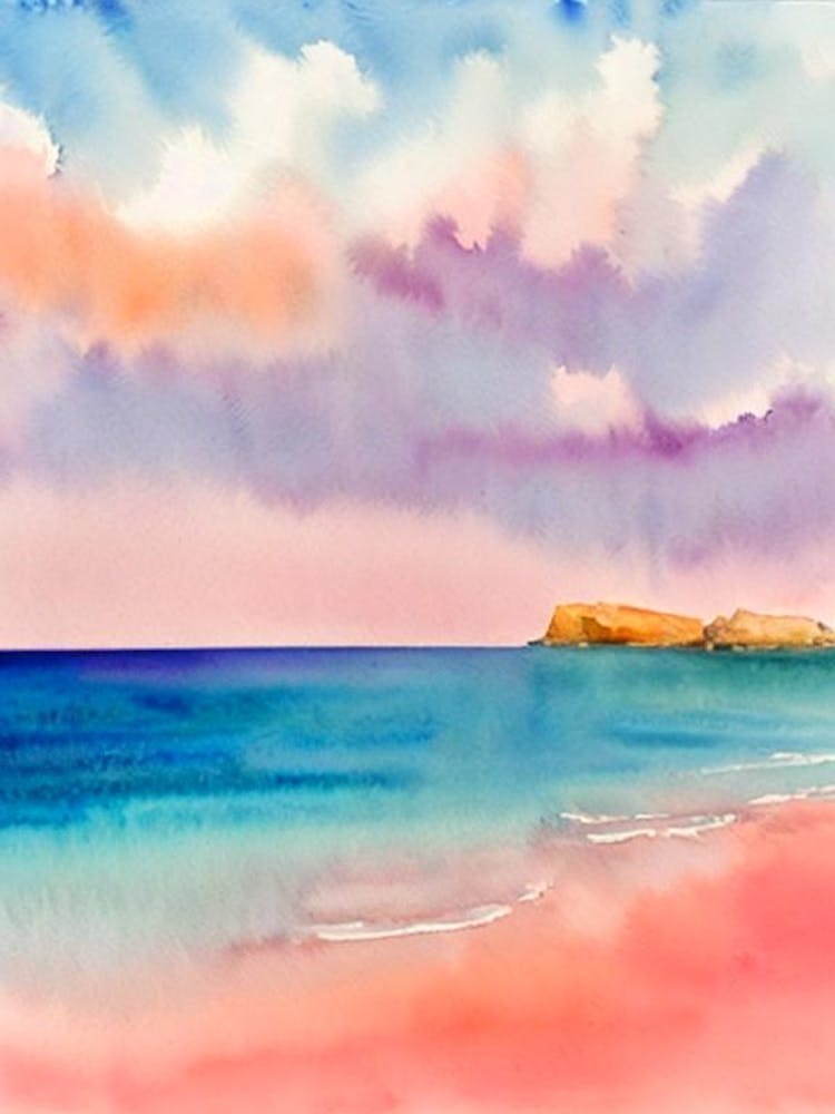 Cala Estreta Beach, Costa Brava, Spain Pink Watercolour