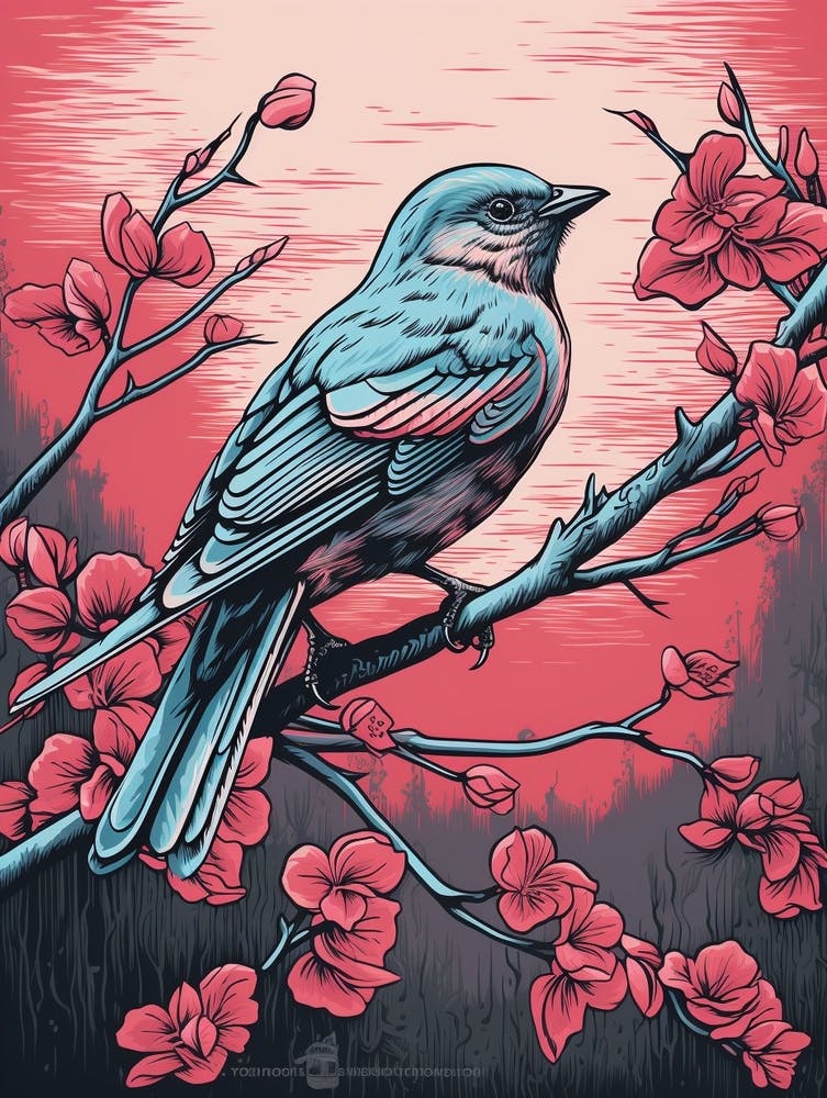 Bird On Tree Linocut Style 2