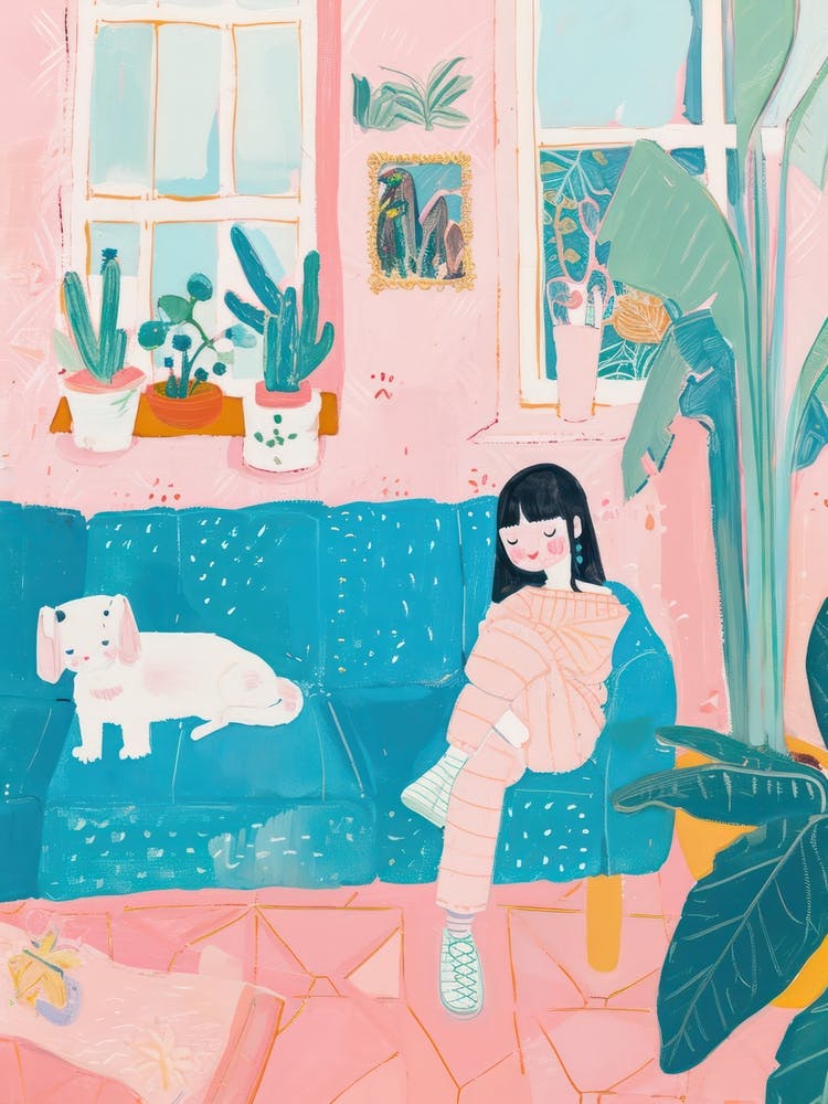 Girl In The Sofa With Pets Tv Lo Fi Kawaii Illustration 2