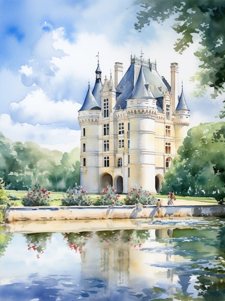 Chateau De Chenonceau Gardens France Watercolour 2 