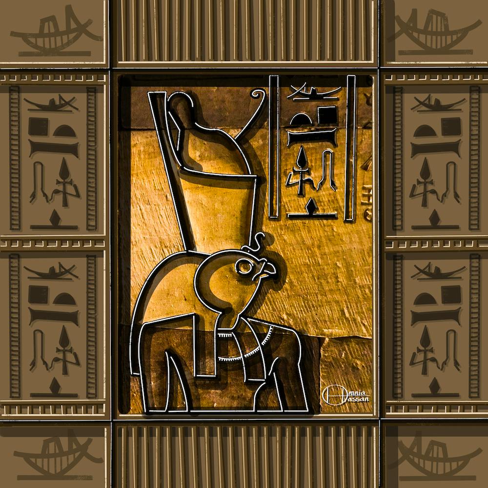 A Photograph Of The Egyptian King Horus From Temple Of Edfu In Aswan, Egypt - With Handmade Hieroglyphs In A Unique Collage Digital Painting 