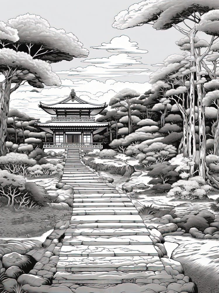Ise Grand Shrine In Mie, Ukiyo E Black And White Line Art Drawing 2