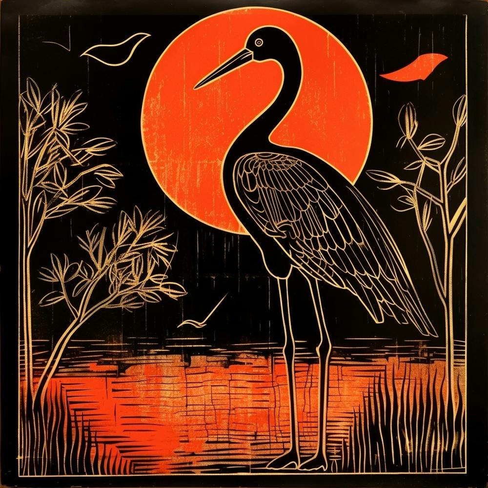 Retro Bird Lithograph Flamingo 1