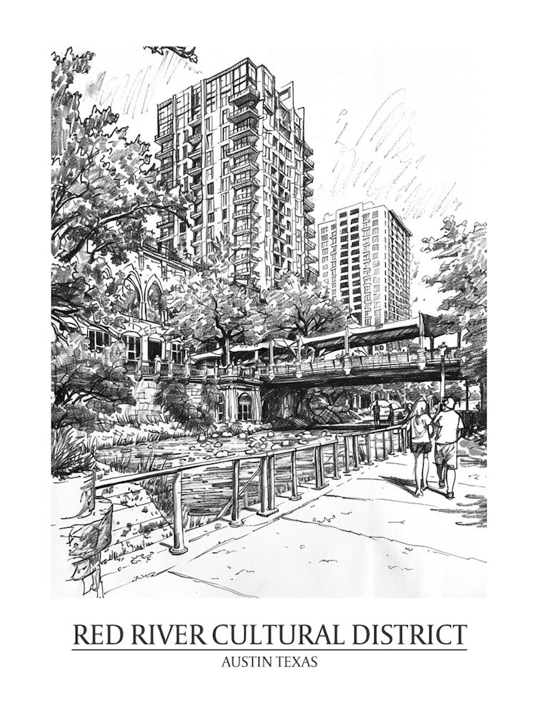 Red River Cultural District Austin Texas Black And White Drawing 2 Poster