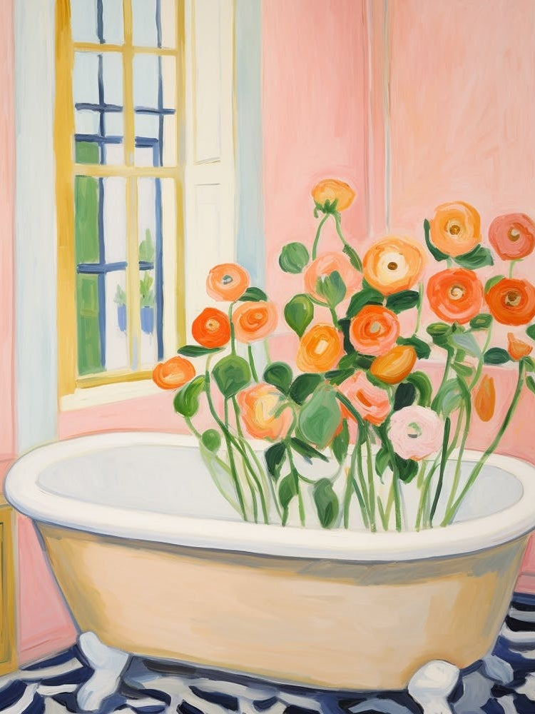 A Bathtube Full Of Ranunculus In A Bathroom 1