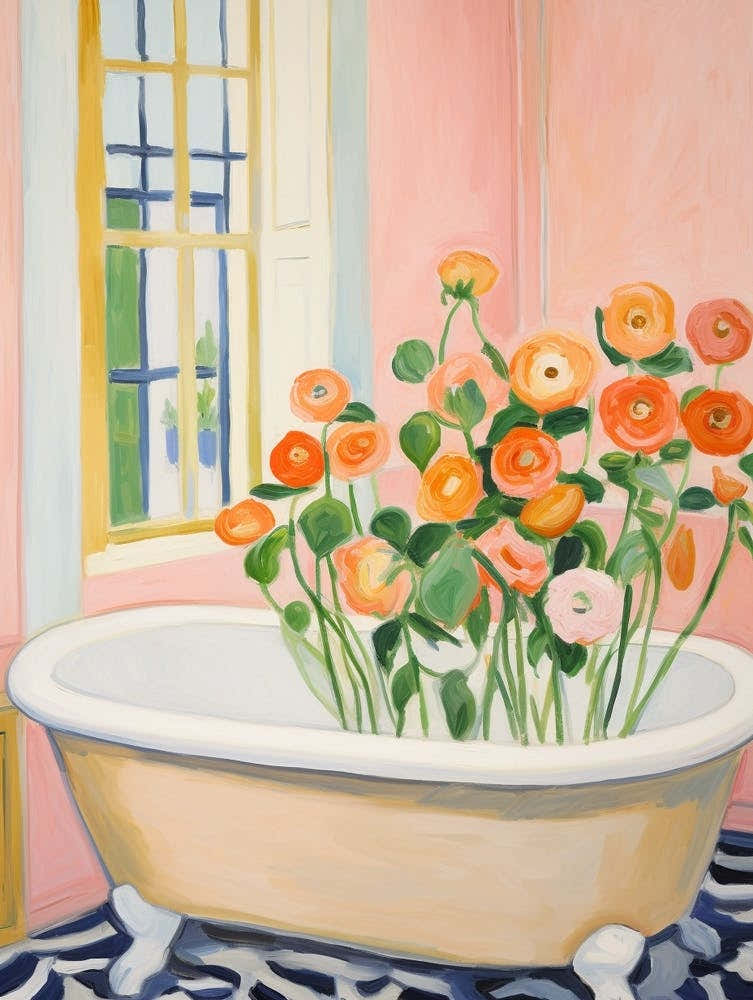 A Bathtube Full Of Ranunculus In A Bathroom 1