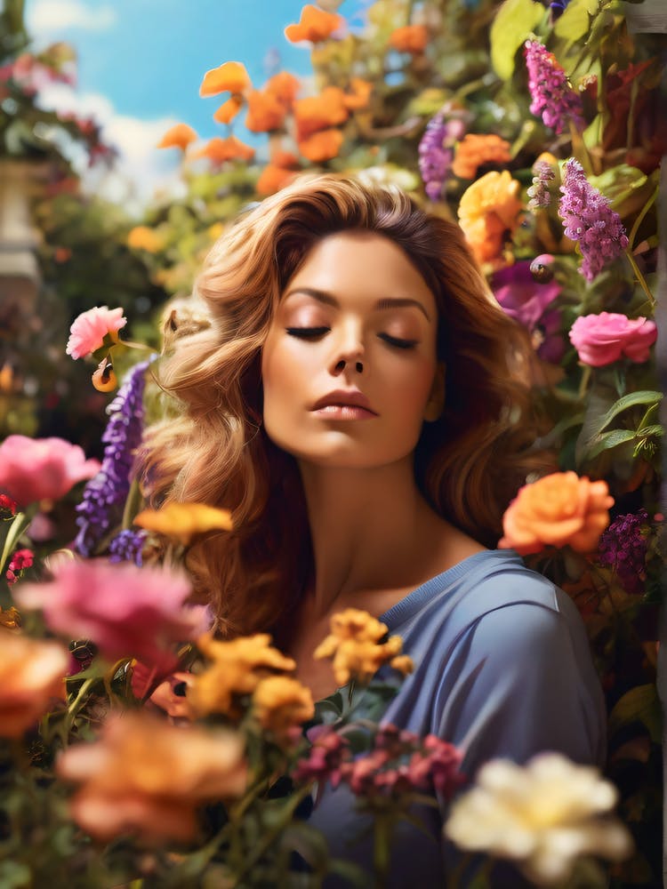 Portrait d'une Femme Perdue Dans Ses Pensées entourée de fleurs