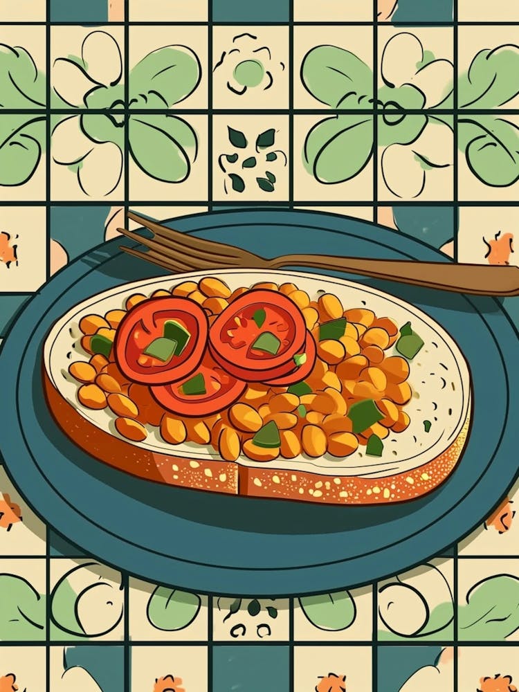 Gourmet Beans On Toast On A Tiled Background