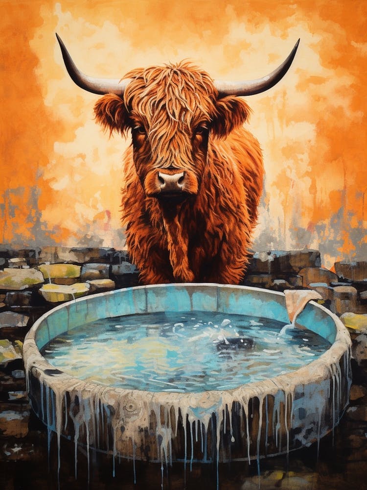 Highland Cow Drinking Out Of Water Trough2