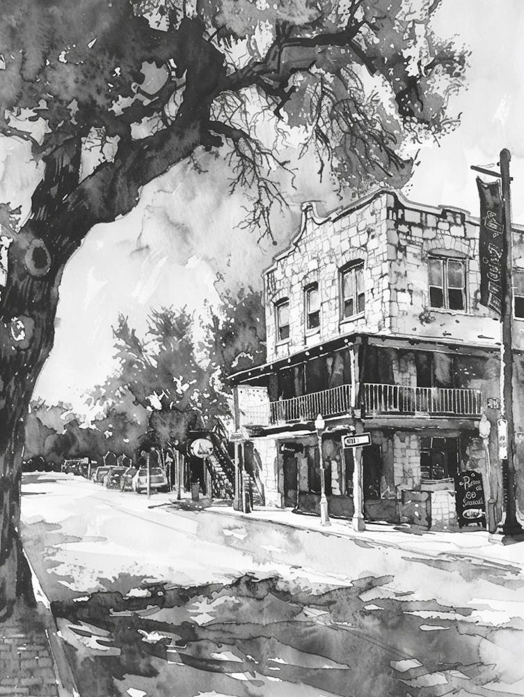 Quartier Historique de Rainey Street Austin Texas Aquarelle Noir et Blanc 3
