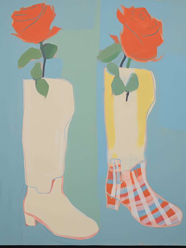 A Painting Of Cowboy Boots With Red Flowers, Pop Art Style 5