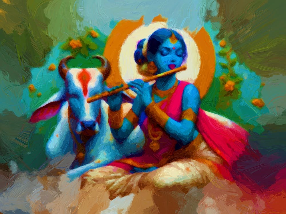 Divine Melody: Radha's Flute and Her Cow's Serene Harmony