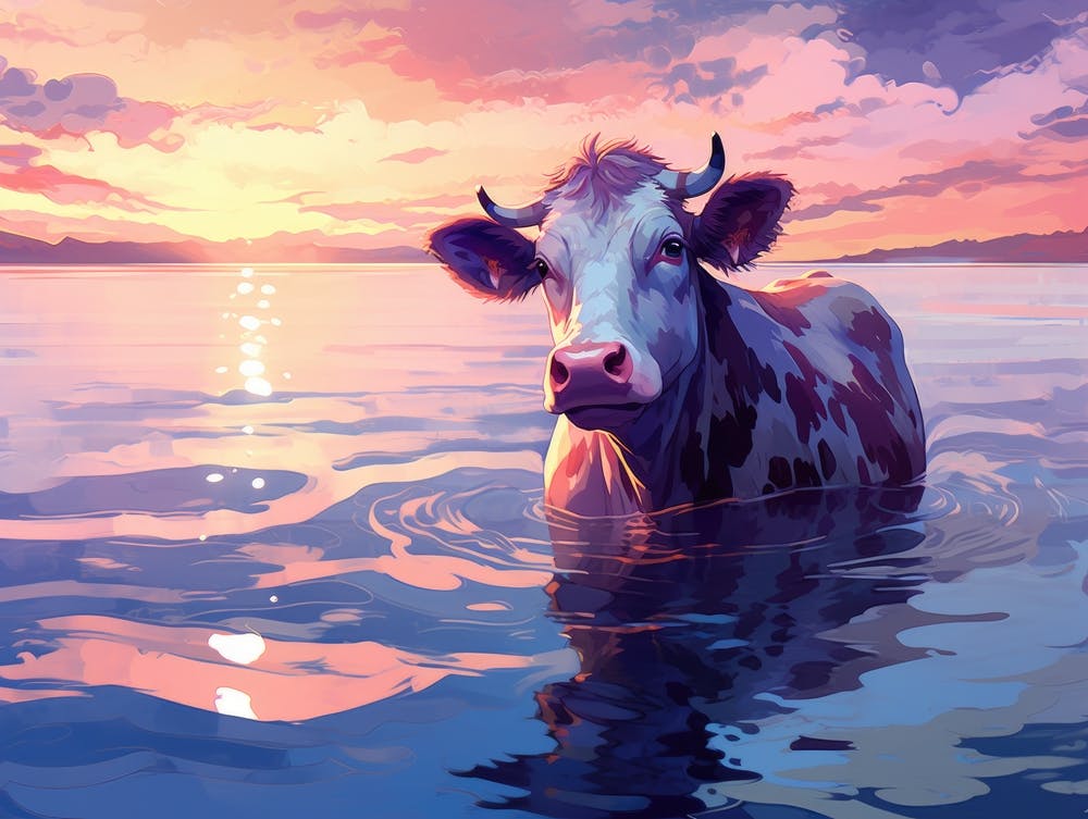 Cow In The Water At Sunset