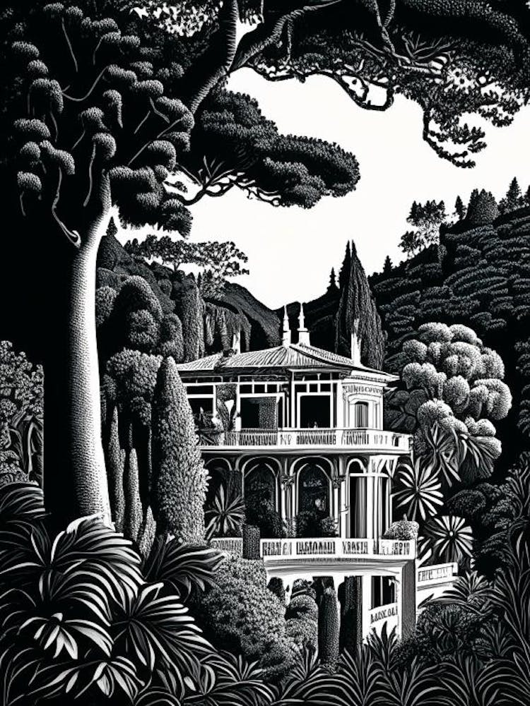 Villa Carlotta, 1, Italy Linocut Black And White Vintage