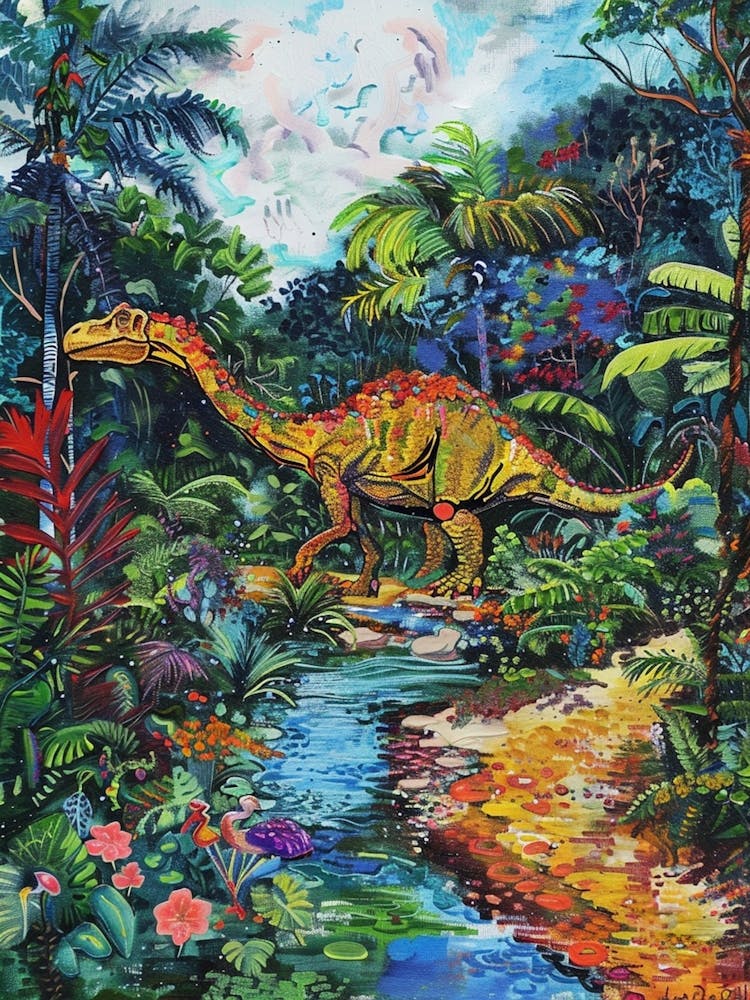 Colourful Dinosaur By The River Painting 2