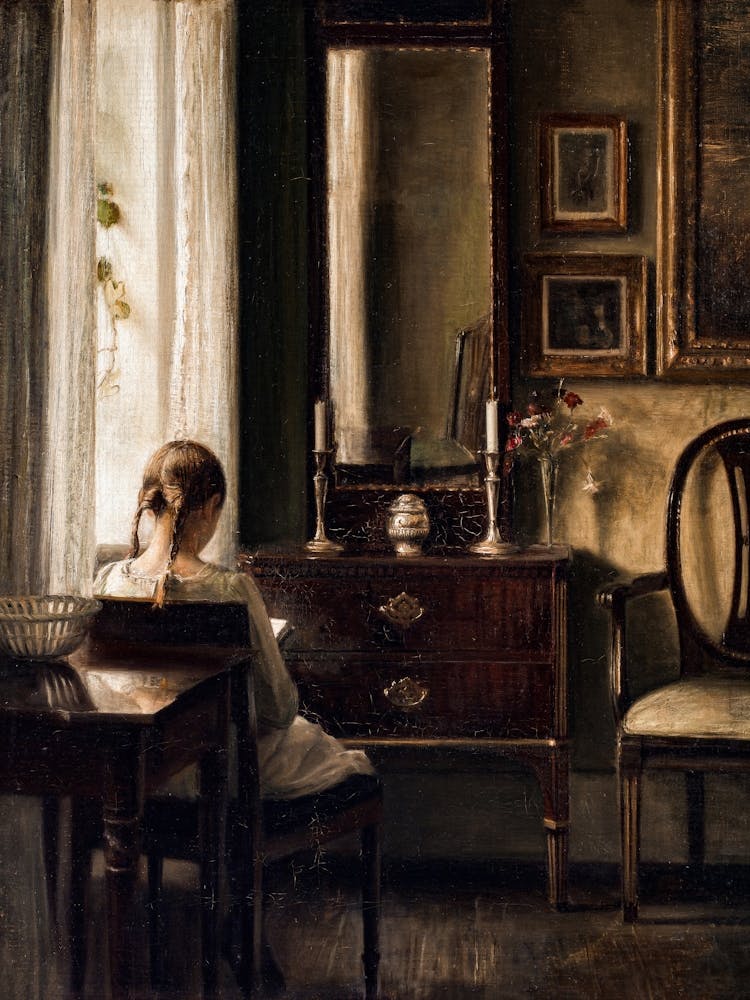Girl Reading By The Window, Dark Moody Vintage Art