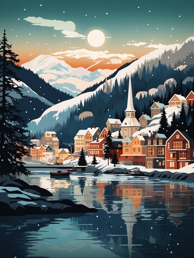 Winter Travel Night Illustration Bergen Norway 2