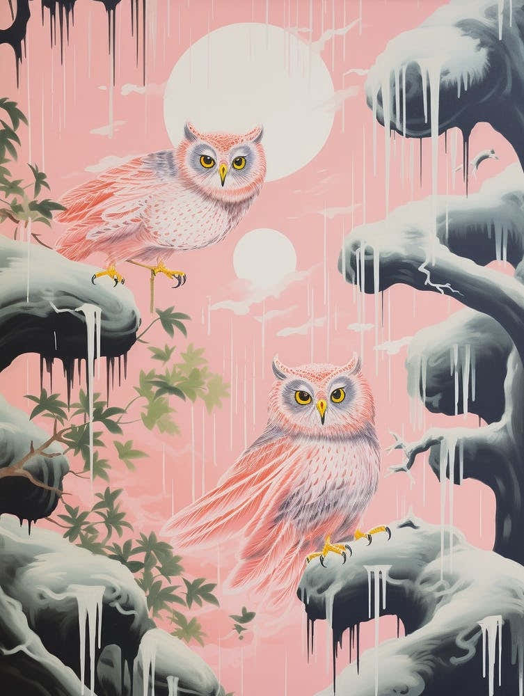 Vintage Japanese Inspired Bird Print Eastern Screech Owl 2