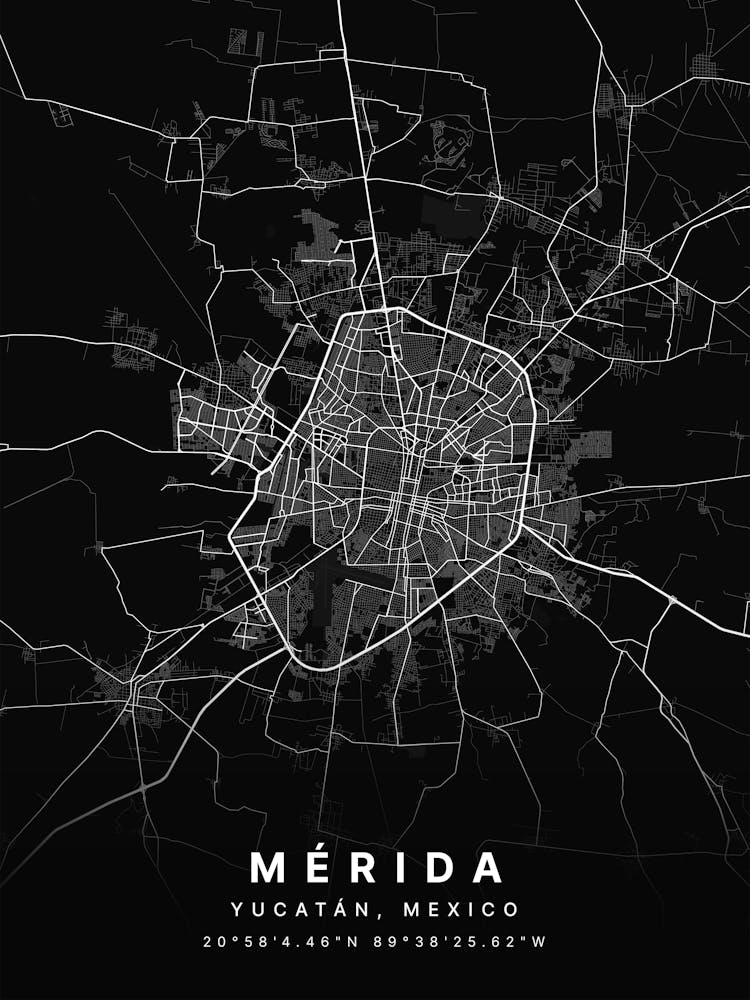 Merida Yucatan Mexico Black Map