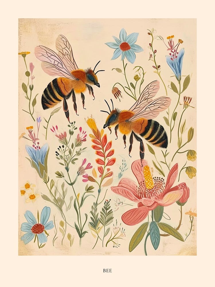 Folksy Floral Animal Drawing Bee 4 Poster