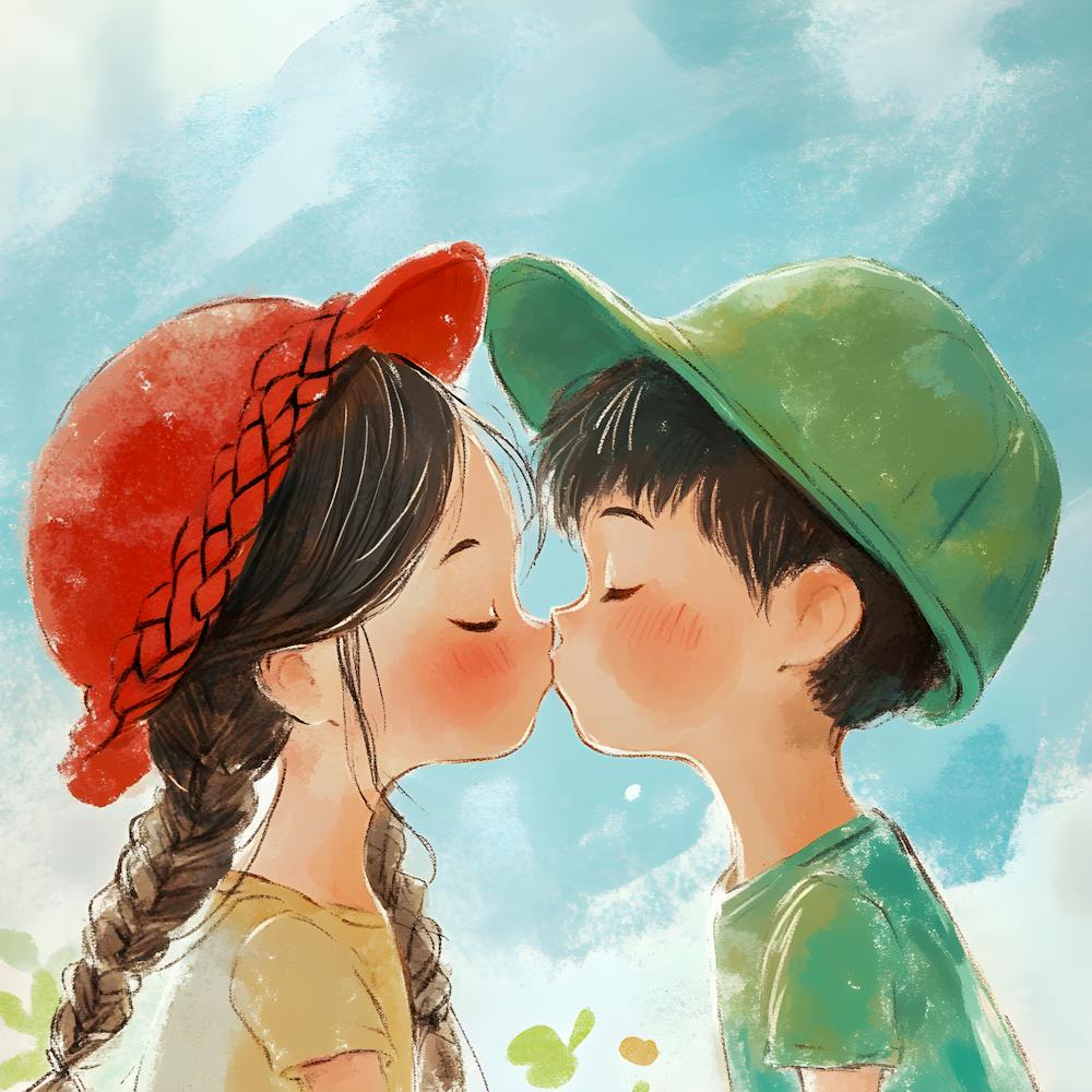 Süße Kindheitsliebe Kunst Skurrile Kinderillustration Vintage Stil Kinderzimmer Kunstdruck Niedlicher Junge und Mädchen Wanddeko Romantisches Kinderposter