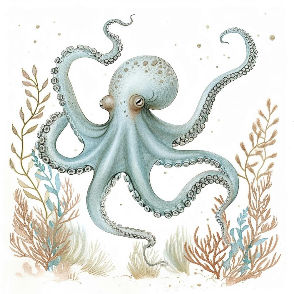 Storybook Style Octopus With Ocean Plants 8