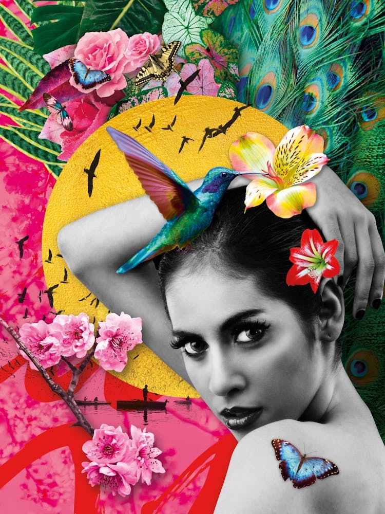 Farbenfrohe, orientalisch inspirierte botanische Kunst mit Mädchen und Kolibri