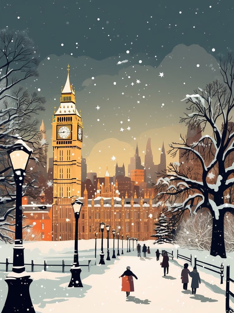 Winter Travel Night Illustration London United Kingdom 2