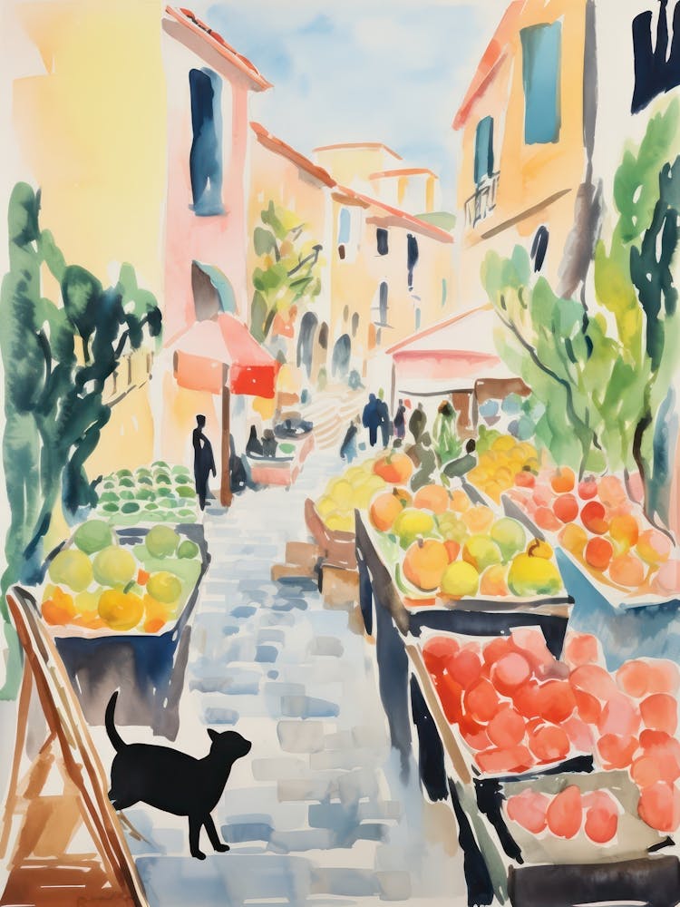 Food Market With Cats In Saint Tropez 3 Watercolour