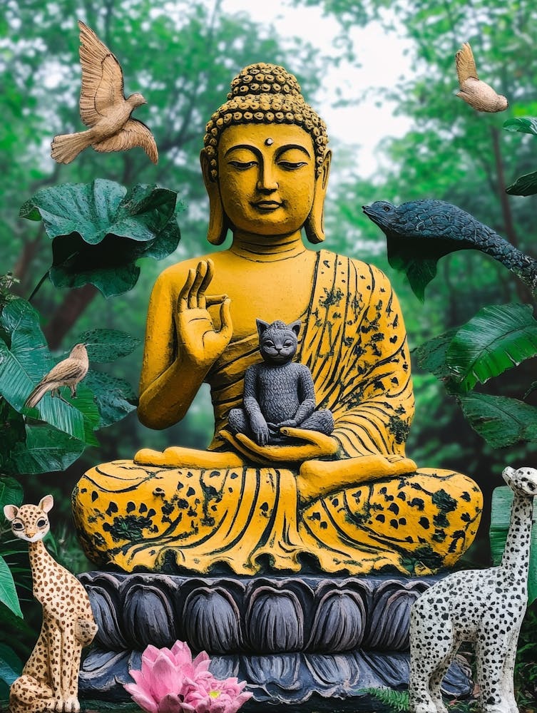 Buddha Sculpture With Animals And Jungle