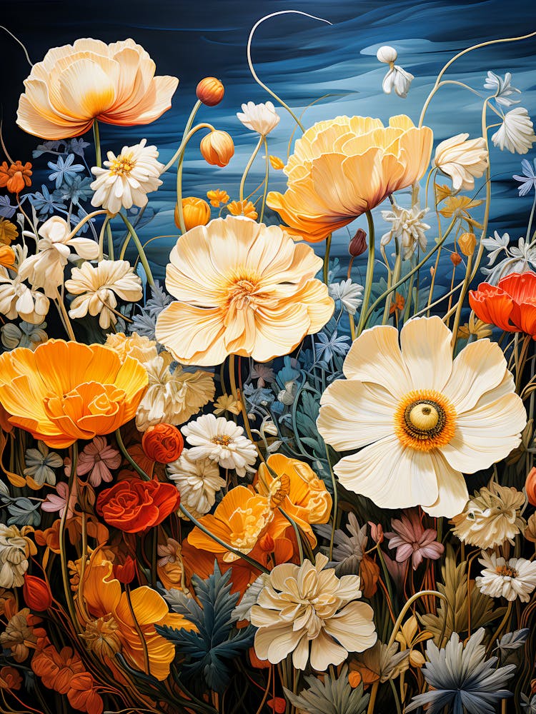 Golden Petals Symphony - Hand-Painted Floral Art, Botanical Wall Decor, Original Flower Painting for Home