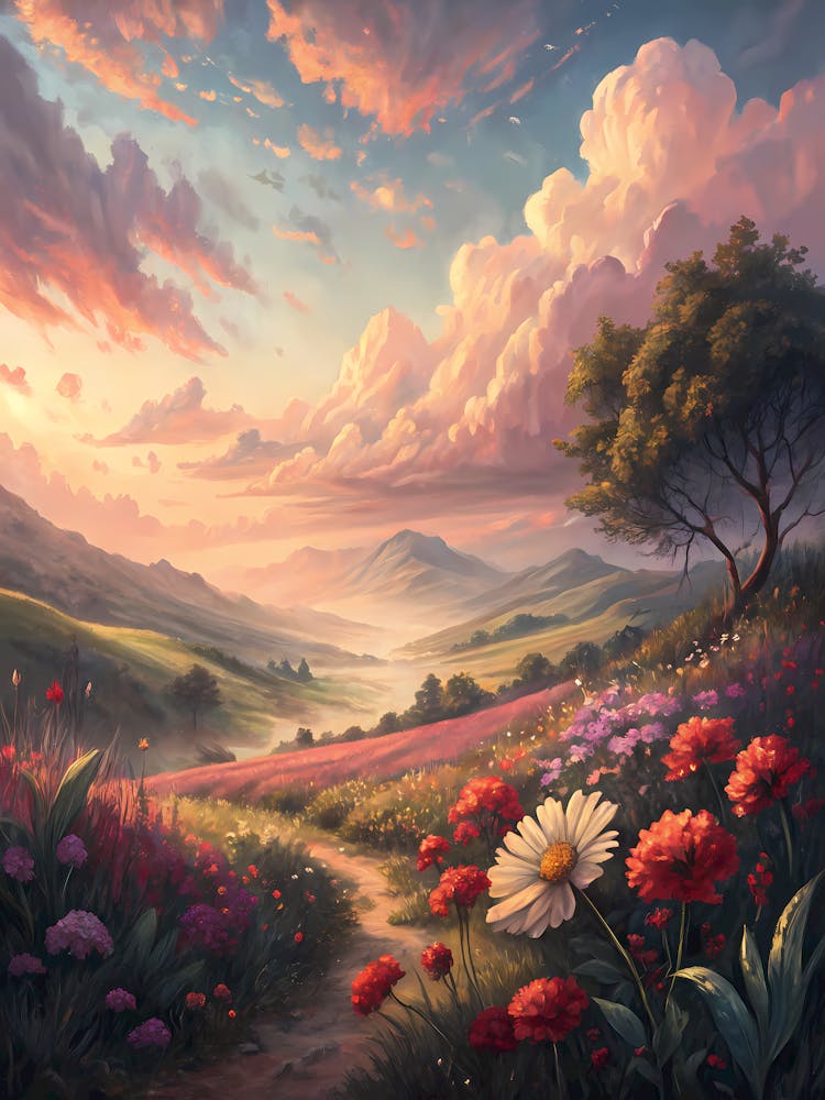 Ruhiges Mystisches Tal Lebendige Blumenlandschaft mit Sonnenuntergangshimmel