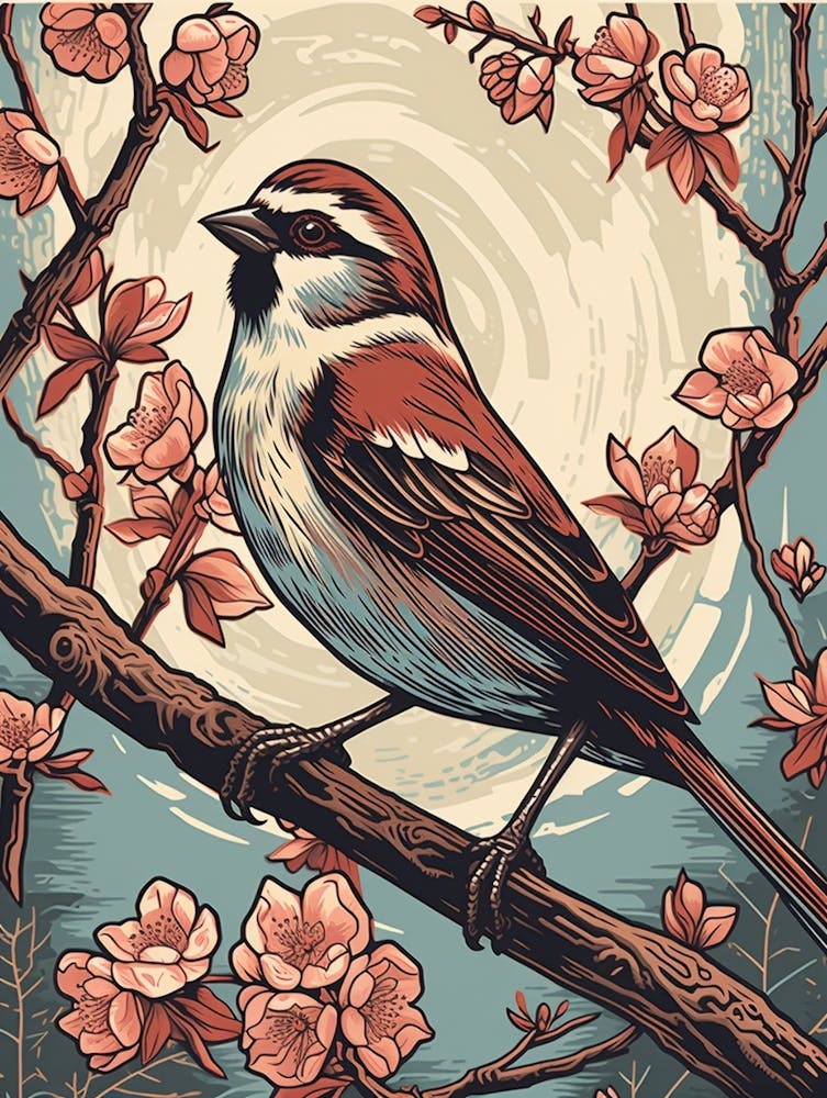 Vintage Bird Linocut House Sparrow 4
