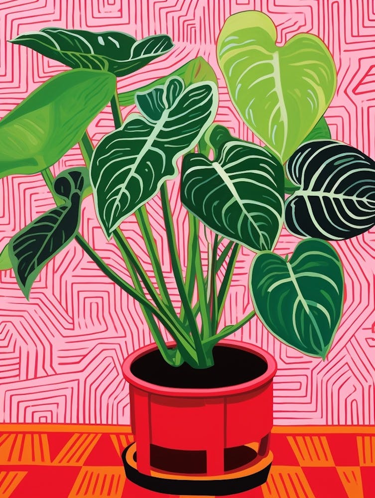 Pink And Red Plant Illustration Calathea Medallion 2